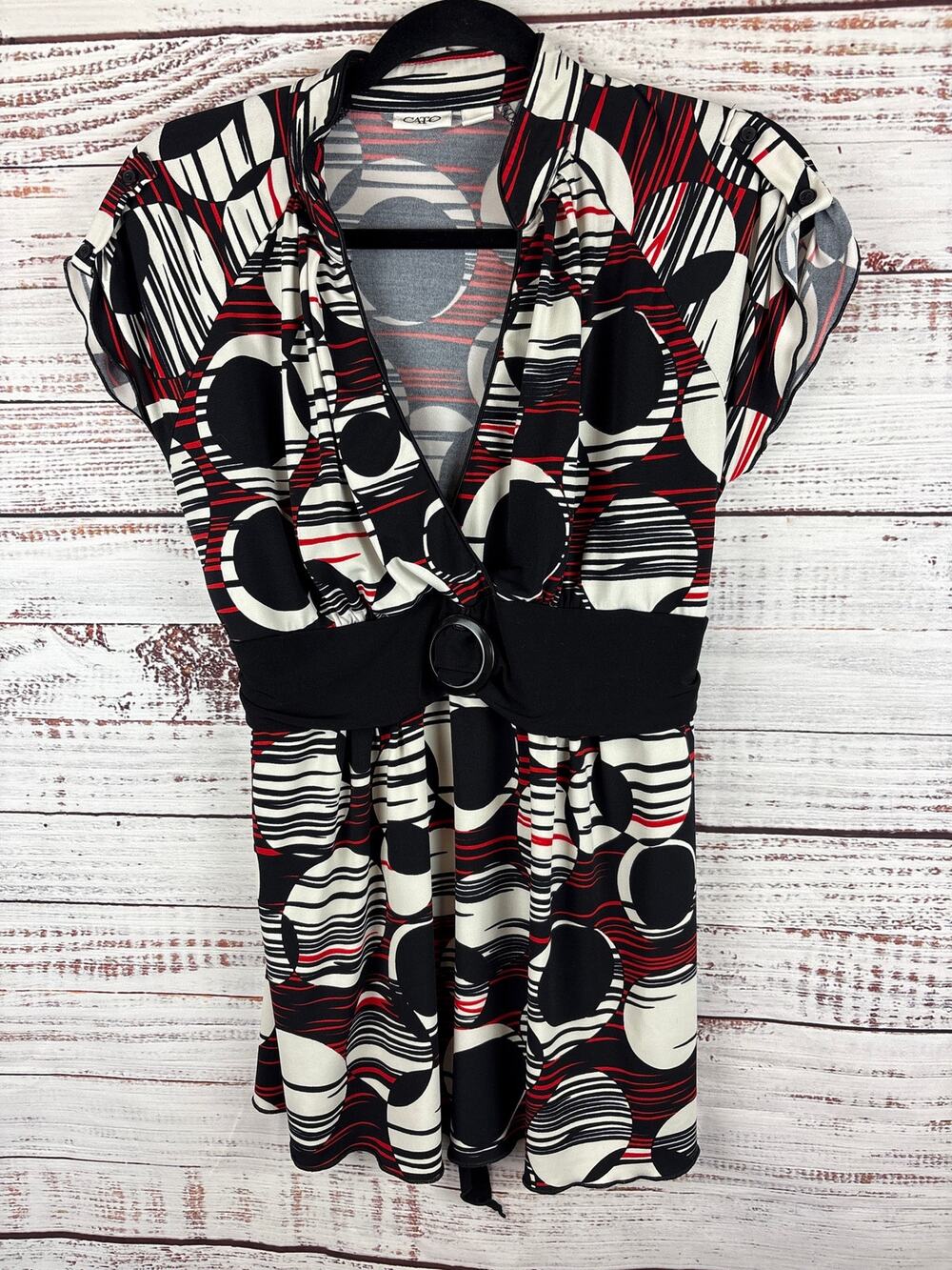 Y2K Cato Black Red V Neck Cap Sleeve Tunic Top Babydoll Office Stretch Womens L
